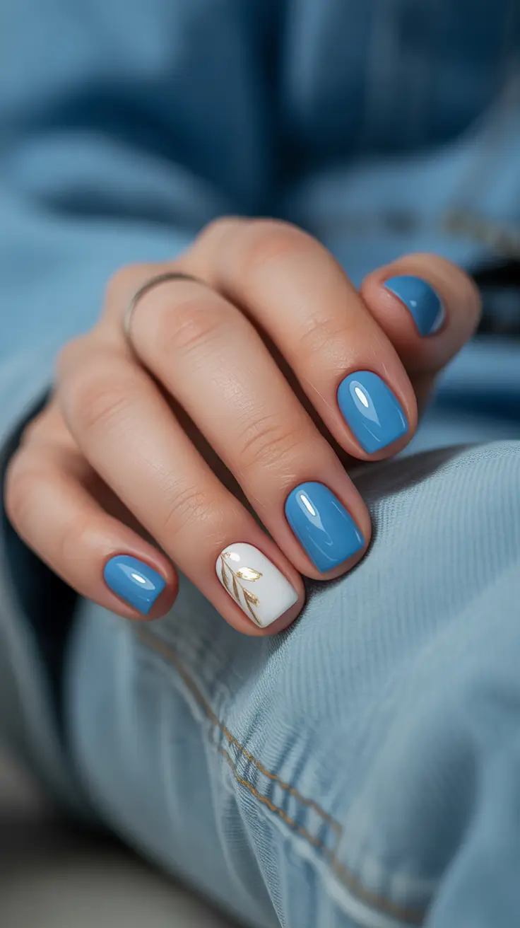 simple short acrylic nails 2026 Sky Blue Harmony With a Gold Leaf Accent
