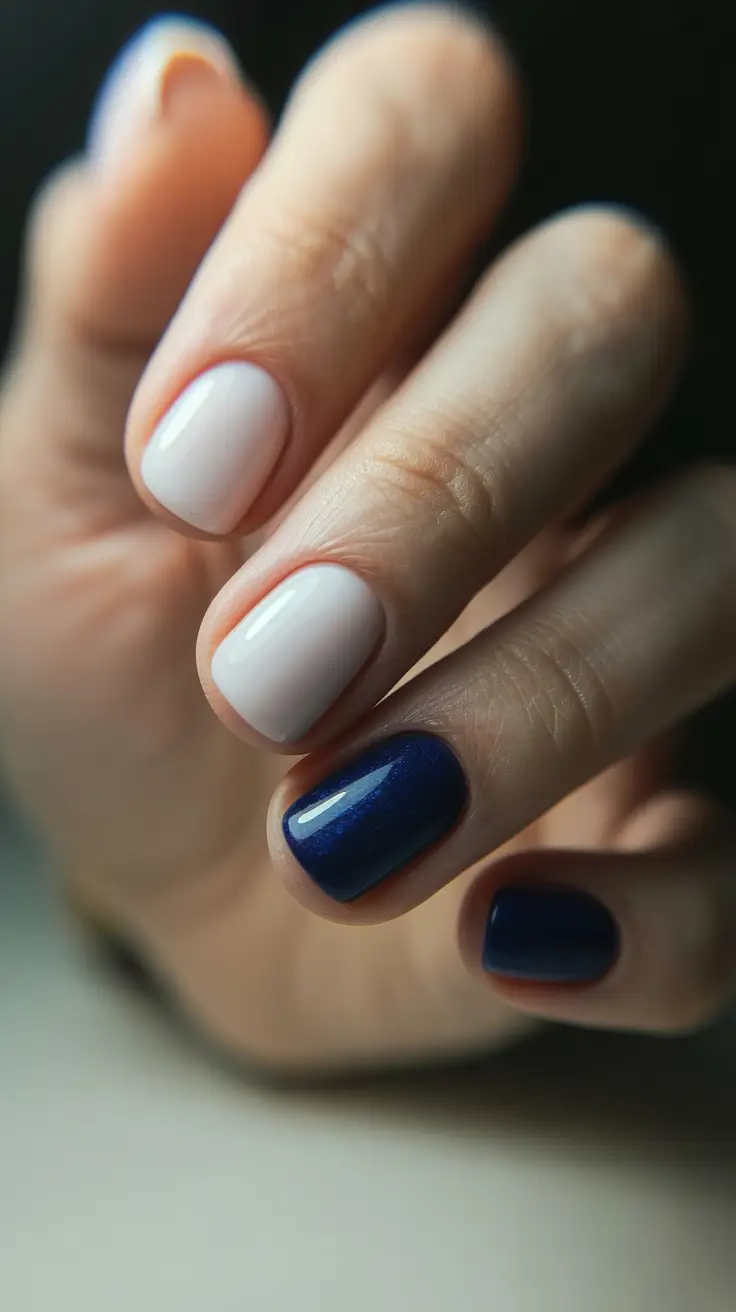 simple short acrylic nails 2026 Navy and Soft White Minimal Chic
