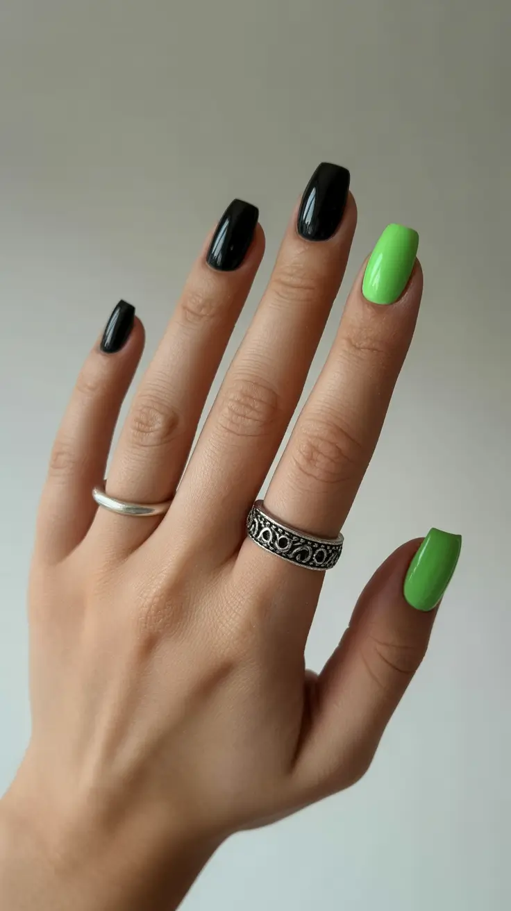 simple short acrylic nails 2026 Black and Lime Contrast for Edgy Impact