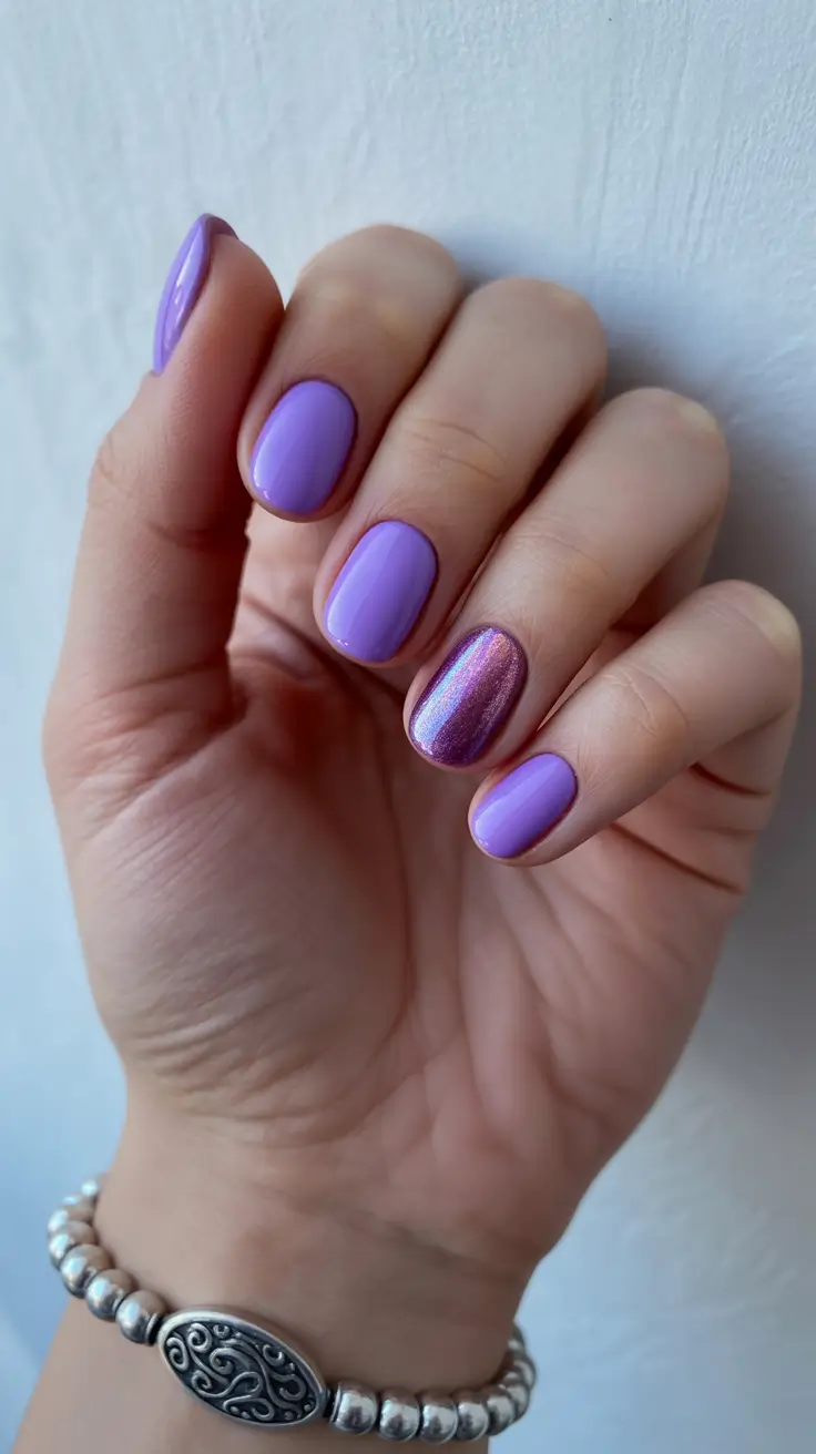 simple short acrylic nails 2026 Lavender Glow With an Opalescent Accent