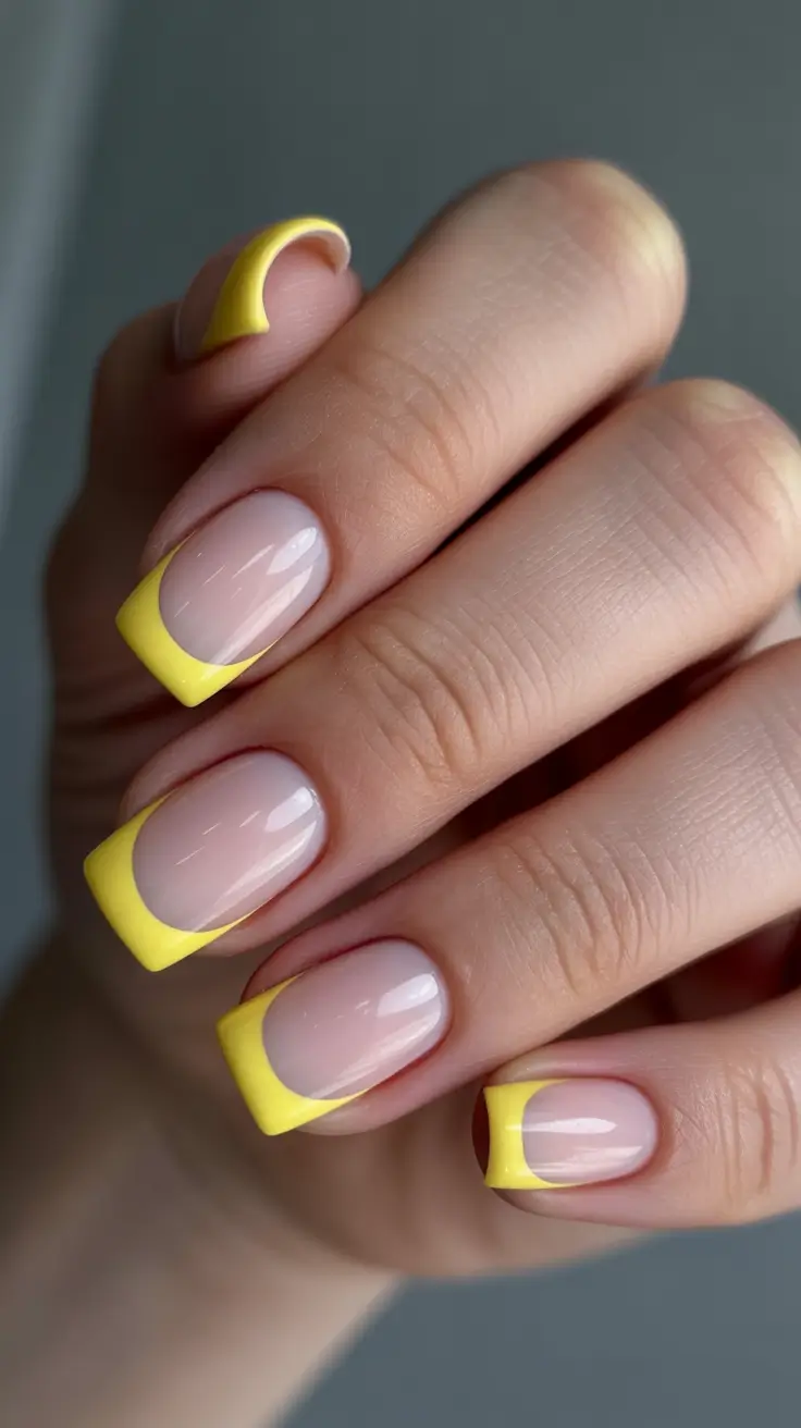 simple short acrylic nails 2026 Yellow French Curves for a Playful Pop