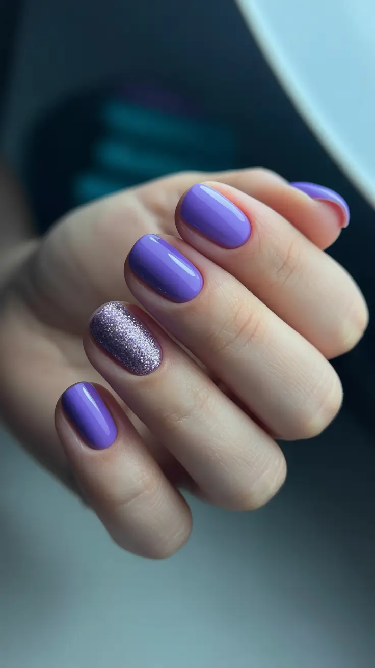 simple short acrylic nails 2026 Lavender Shine With a Sparkling Accent
