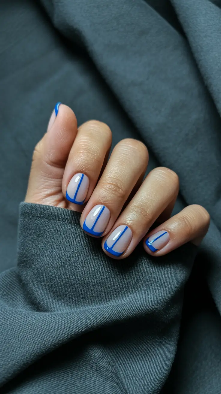 simple short acrylic nails 2026 Blue Framed Modern Lines