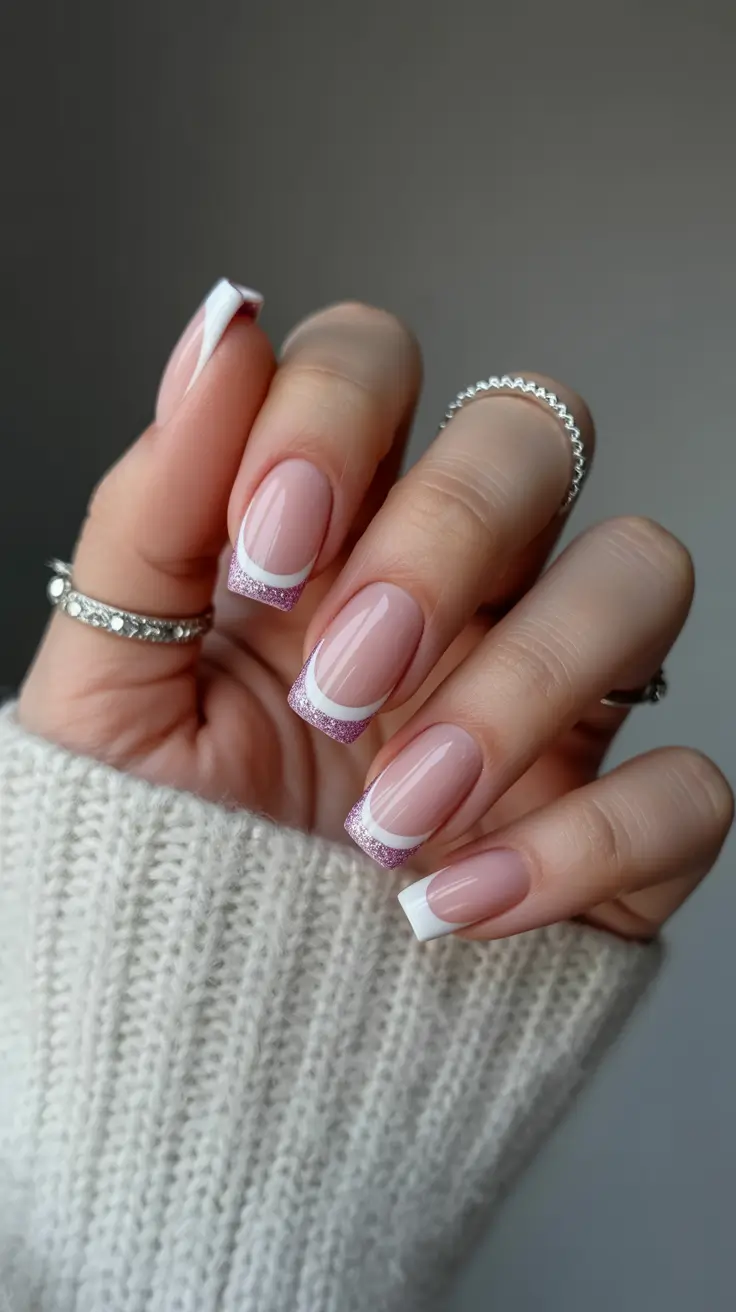 square nails inspiration 2026 Soft Pink French With Glitter Accents