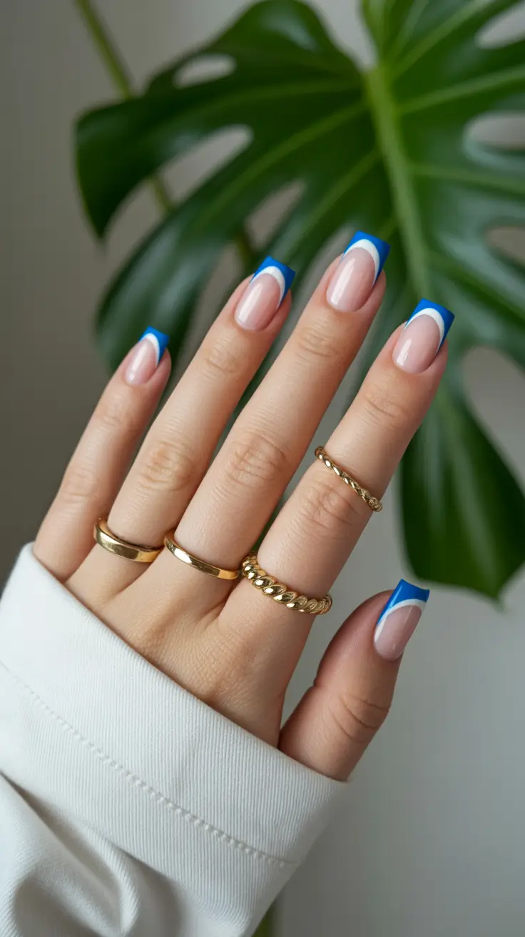 square nails inspiration 2026 Electric Blue Angled French Square Tips