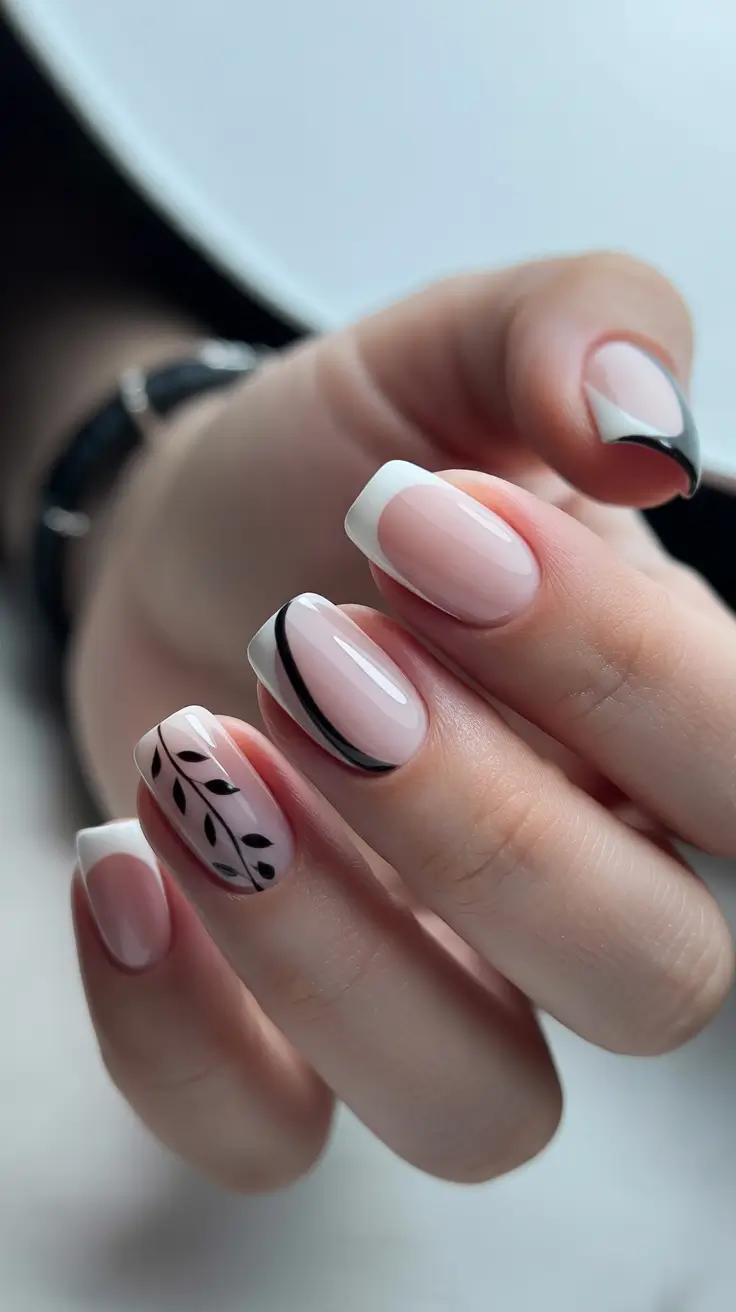 square nails inspiration 2026 Classic White French With Black Botanical Accents
