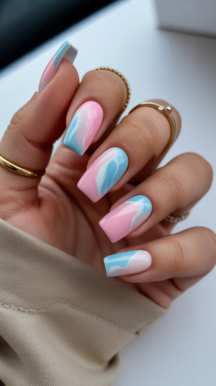square nails inspiration 2026 Pastel Aqua and Pink Melted Swirls