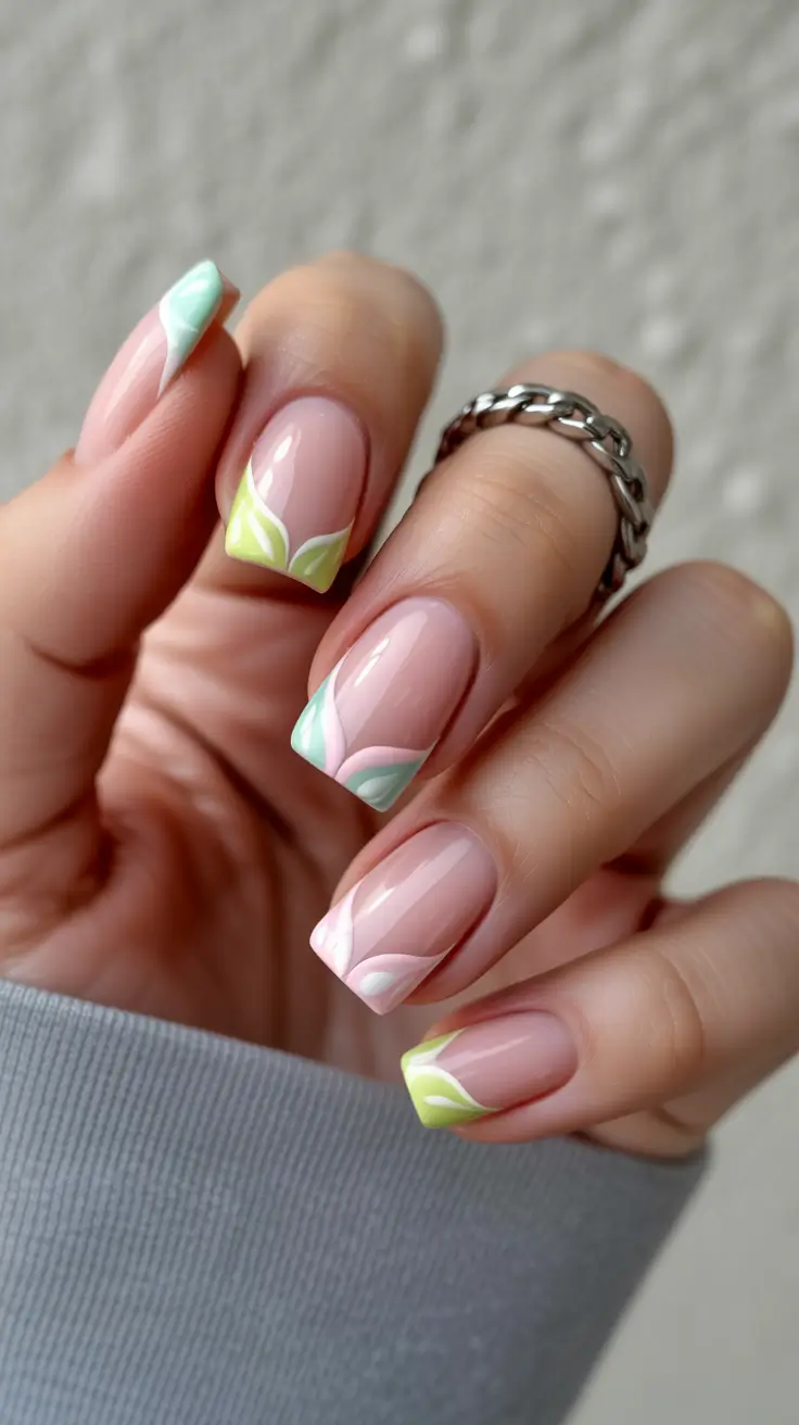 square nails inspiration 2026 Pastel Leaf Tip French