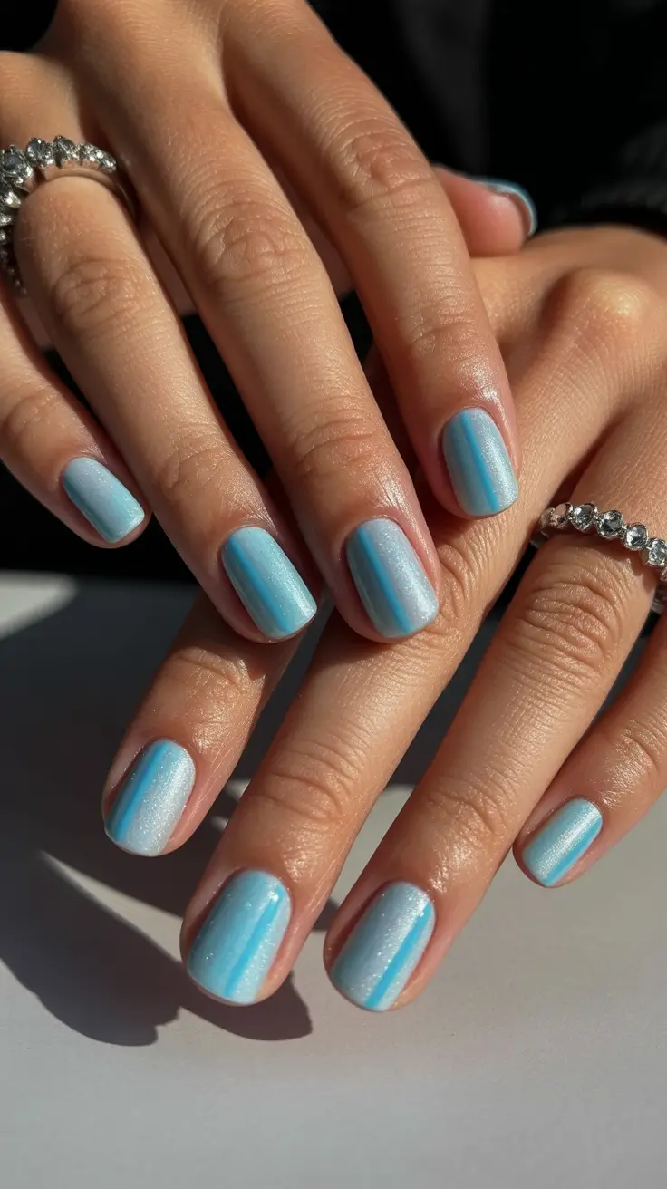 square nails inspiration 2026 Shimmer Blue Gradient With Center Strip