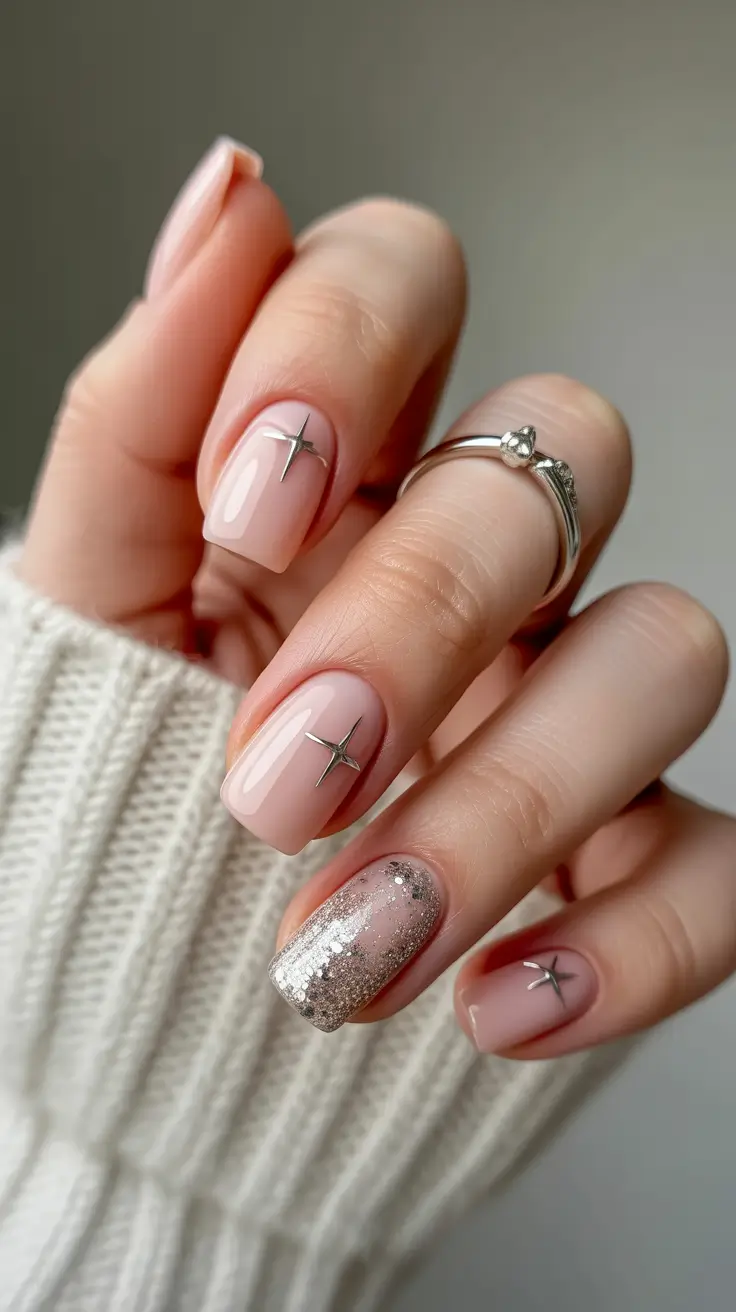 square nails inspiration 2026 Champagne Glitter and Silver Star Accents