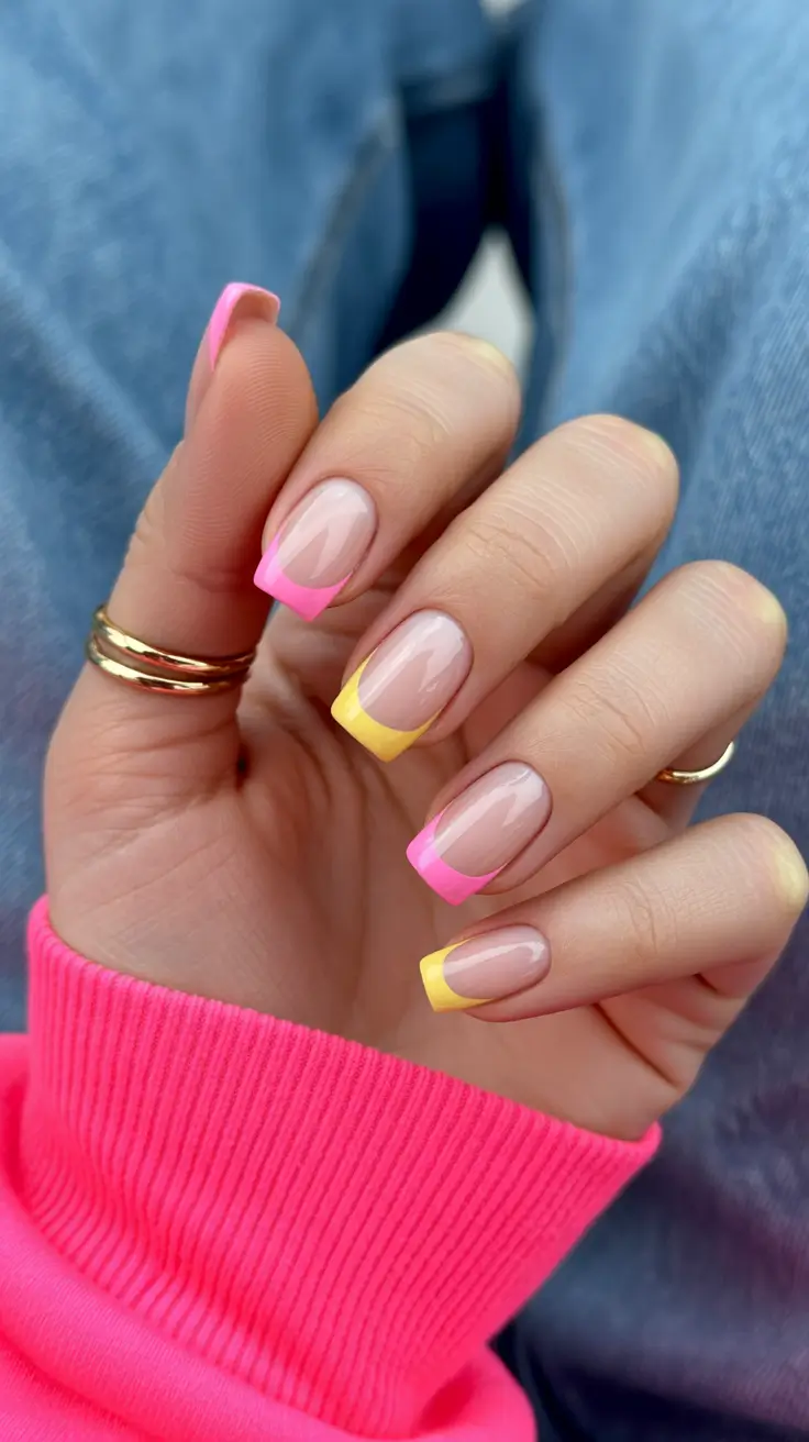 square nails inspiration 2026 Two Tone French Tips in Pink and Yellow