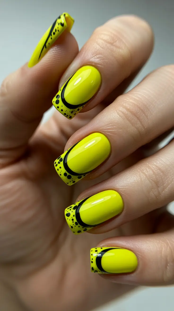 square nails inspiration 2026 Neon Yellow and Black Graphic Square Tips