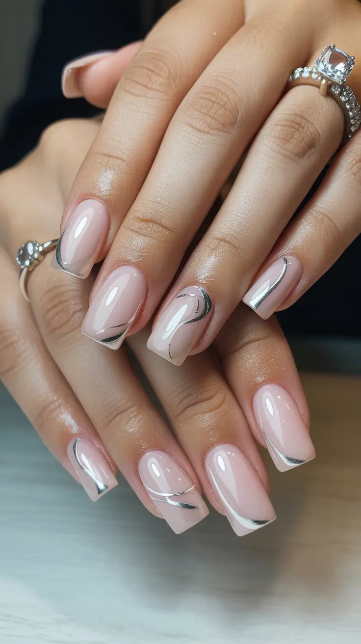 square nails inspiration 2026 Silver Lined Soft Pink Swirls