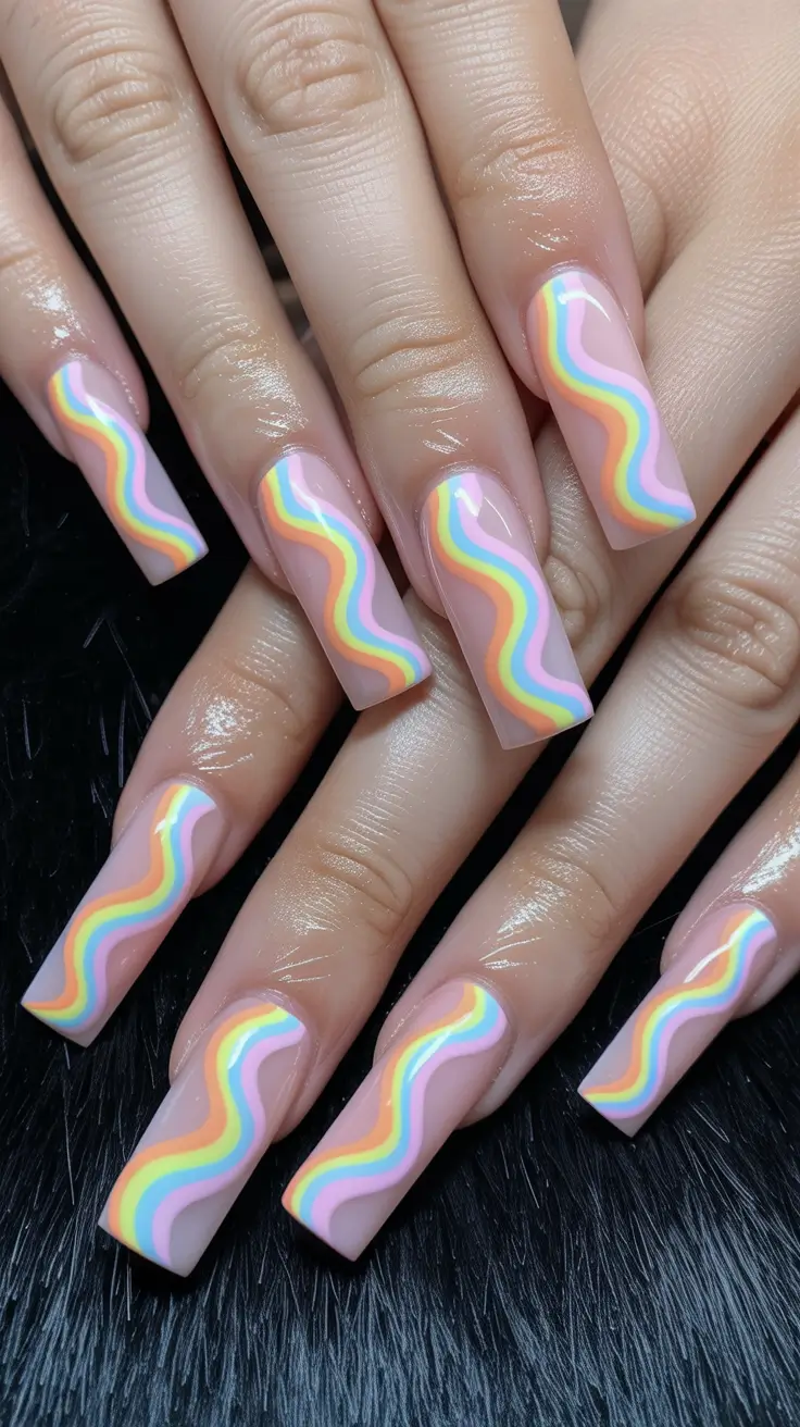 square nails inspiration 2026 Pastel Wave Lines on Glossy Square Nails