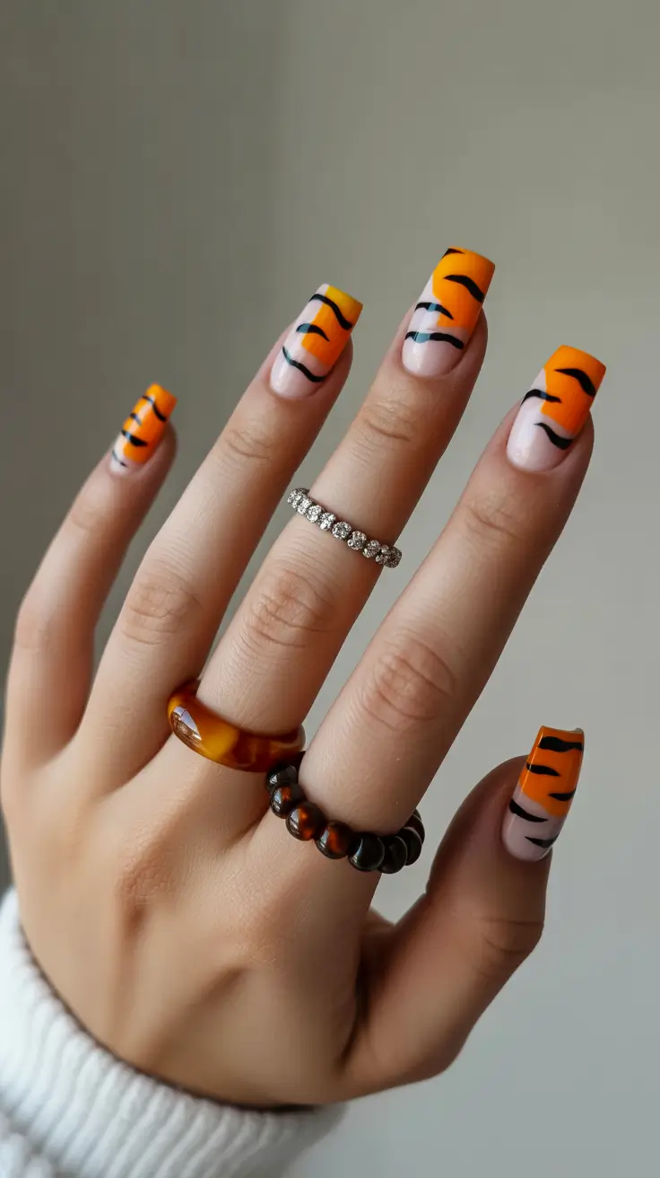 square nails inspiration 2026 Tiger Stripe Neon Tips