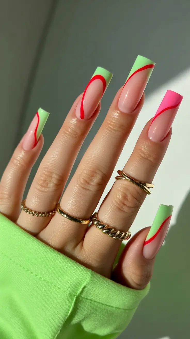 square nails inspiration 2026 Neon Green and Pink Curve Tips