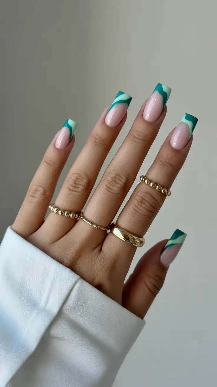 square nails inspiration 2026 Layered Teal Waves on Square Tips