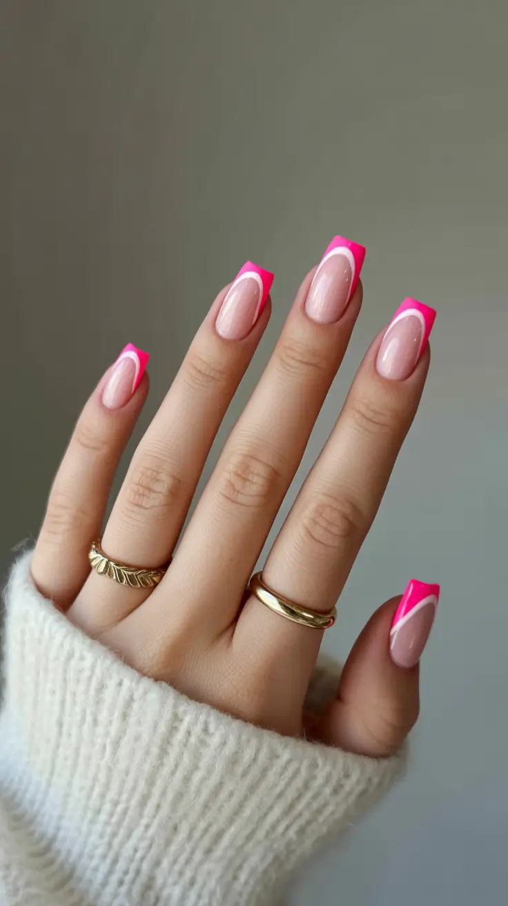 square nails inspiration 2026 Neon Pink Swoop French Square Tips