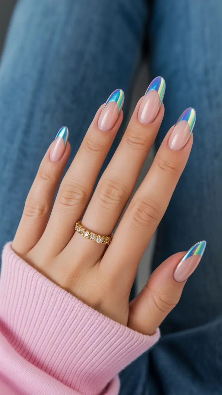stylish french nails 2026 Iridescent Chrome French for Futuristic Glow