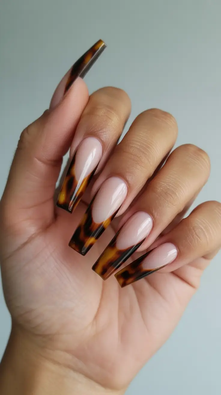 stylish french nails 2026 Tortoiseshell French Coffin for Chic Depth