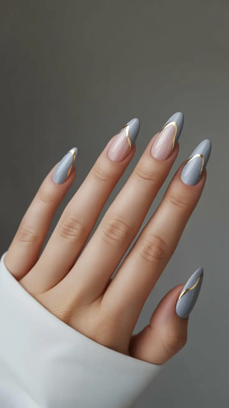 stylish french nails 2026 Grey-Gold Swirl French for Soft Glam
