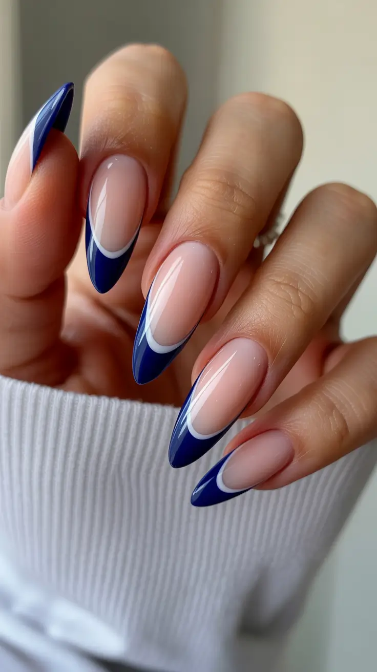 stylish french nails 2026 Deep Blue Wave French for Modern Elegance