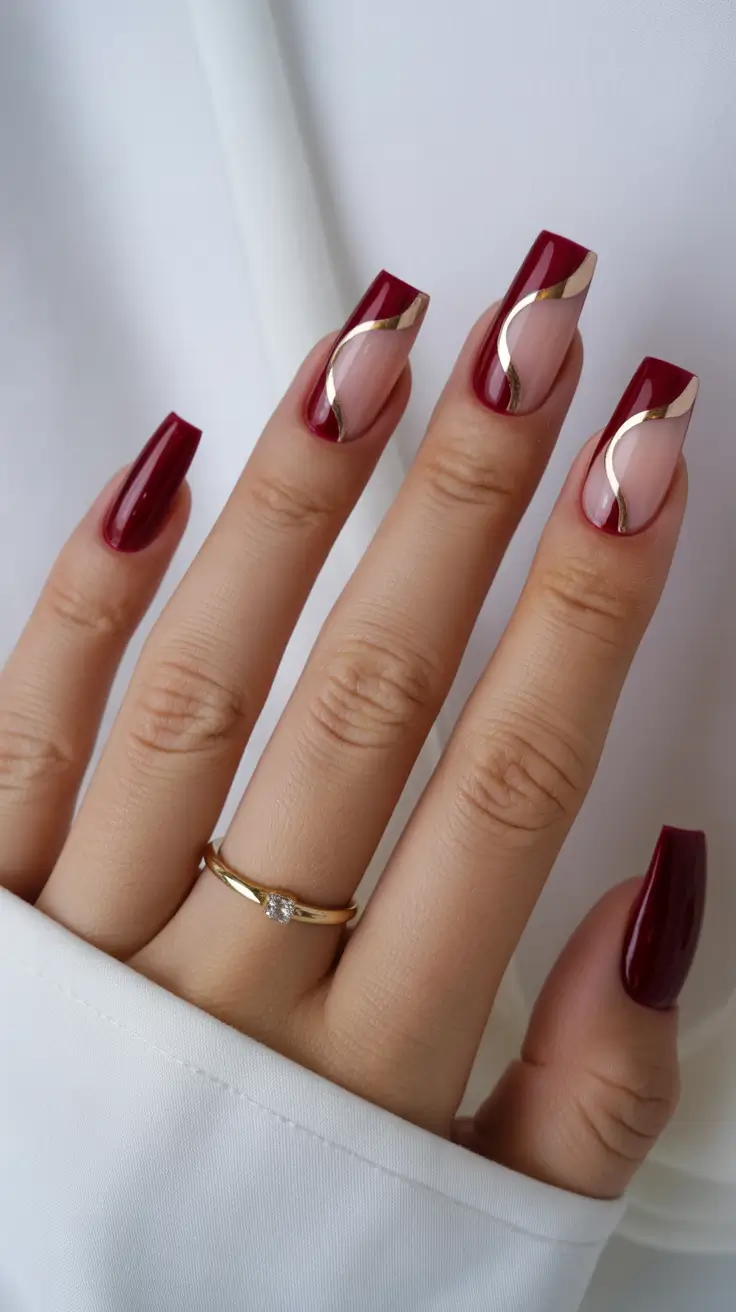 stylish french nails 2026 Burgundy Curve French with Gold Ribbon Details