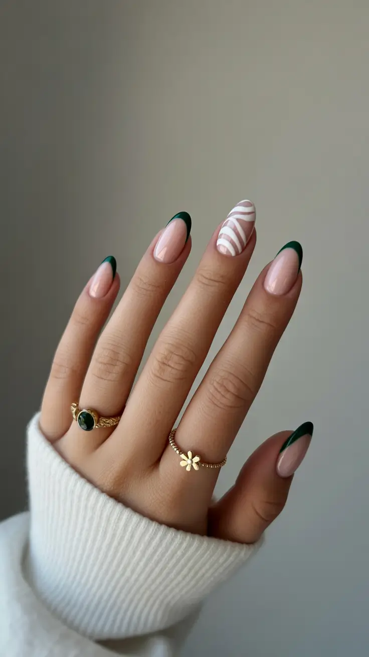 stylish french nails 2026 Deep Green French with Whimsical White Art