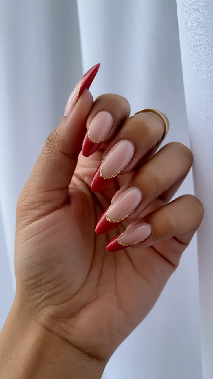 stylish french nails 2026 Cherry-Red French with Gold Detailing