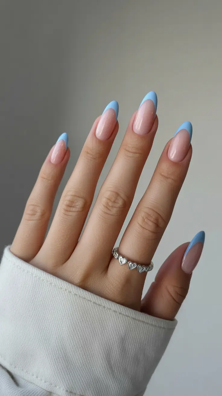 stylish french nails 2026 Cool Blue Almond French for Soft Minimalism