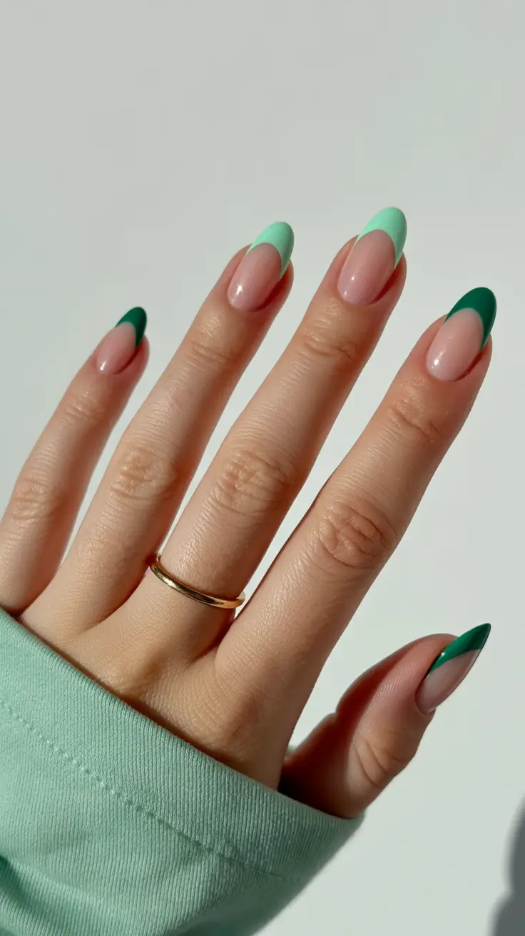 stylish french nails 2026 Two-Tone Green French for Trendsetters