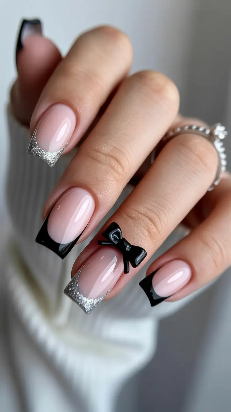 stylish french nails 2026 Black-Tie French with Bow Accents