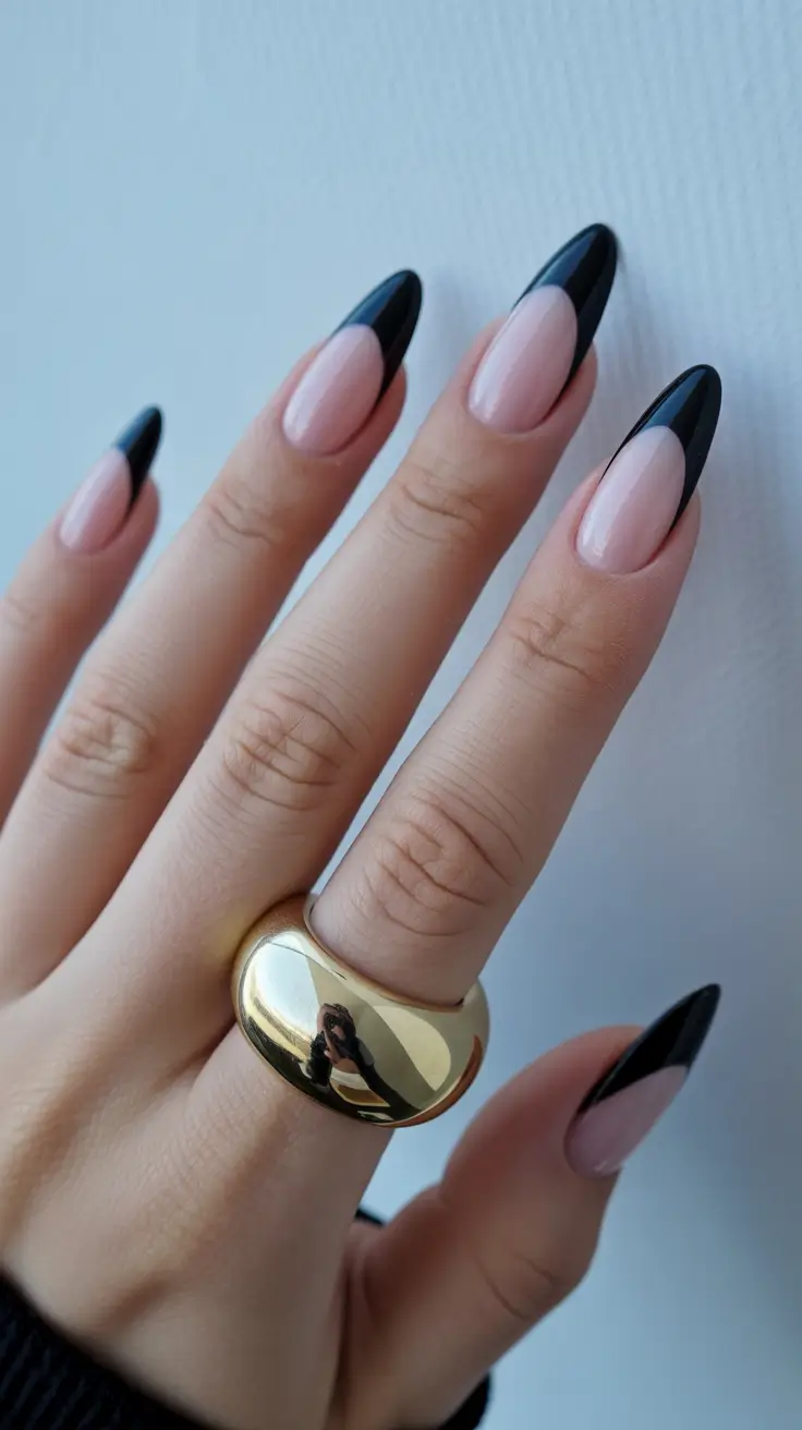 stylish french nails 2026 Jet-Black Almond French for Modern Minimalists