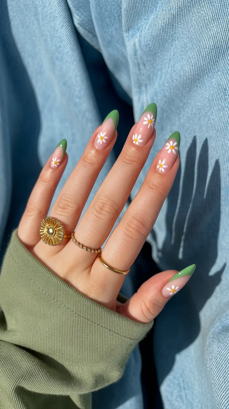 stylish french nails 2026 Soft Green French with Daisy Accents