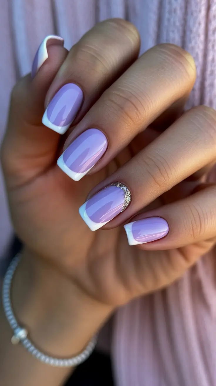 stylish french nails 2026 Lavender Short French with Sparkle Detailing