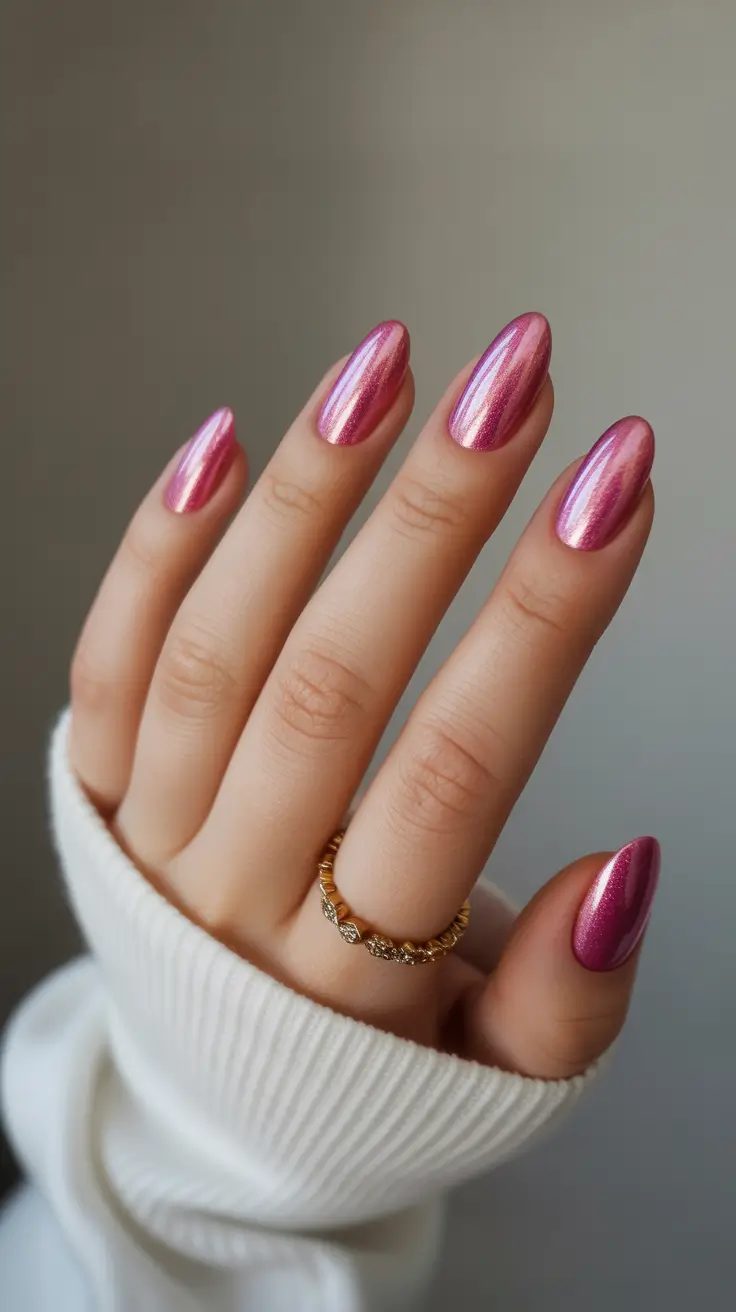 stylish gel nails 2026 Rosy Chrome Glow for a Soft Summer Mood