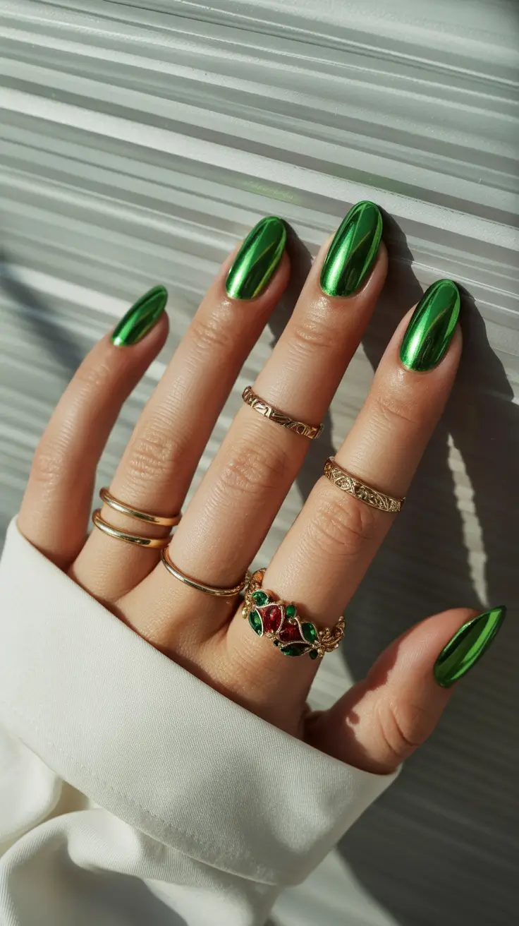 stylish gel nails 2026 Emerald Chrome Curves for Luxe Summer Energy