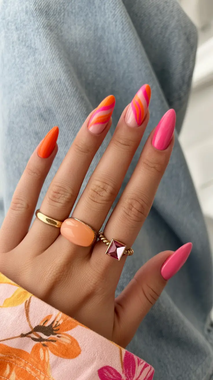 stylish gel nails 2026 Tangerine and Pink Swirls for a Retro Summer Moment