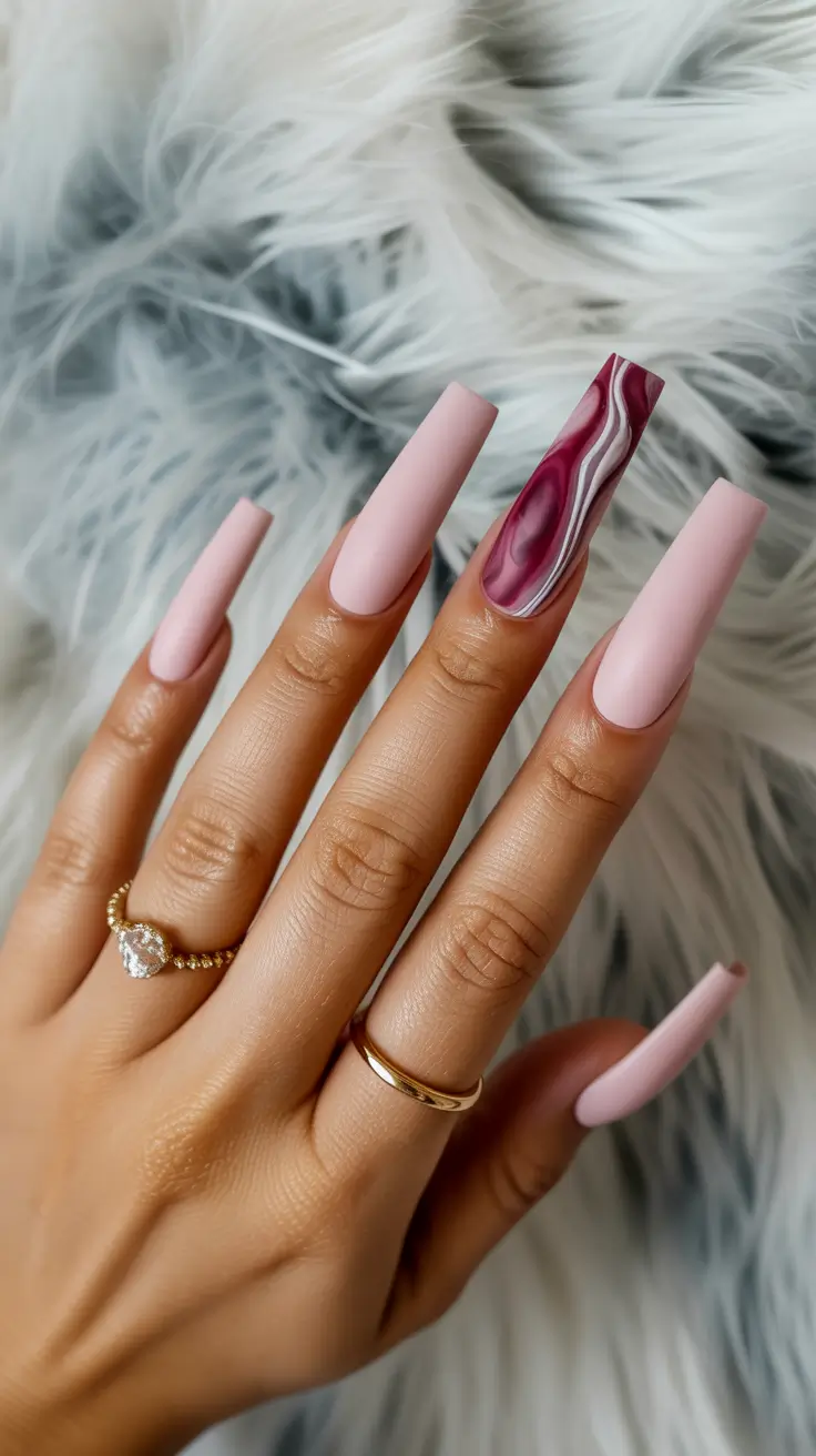 stylish gel nails 2026 Matte Petal Pink With Marble Drama