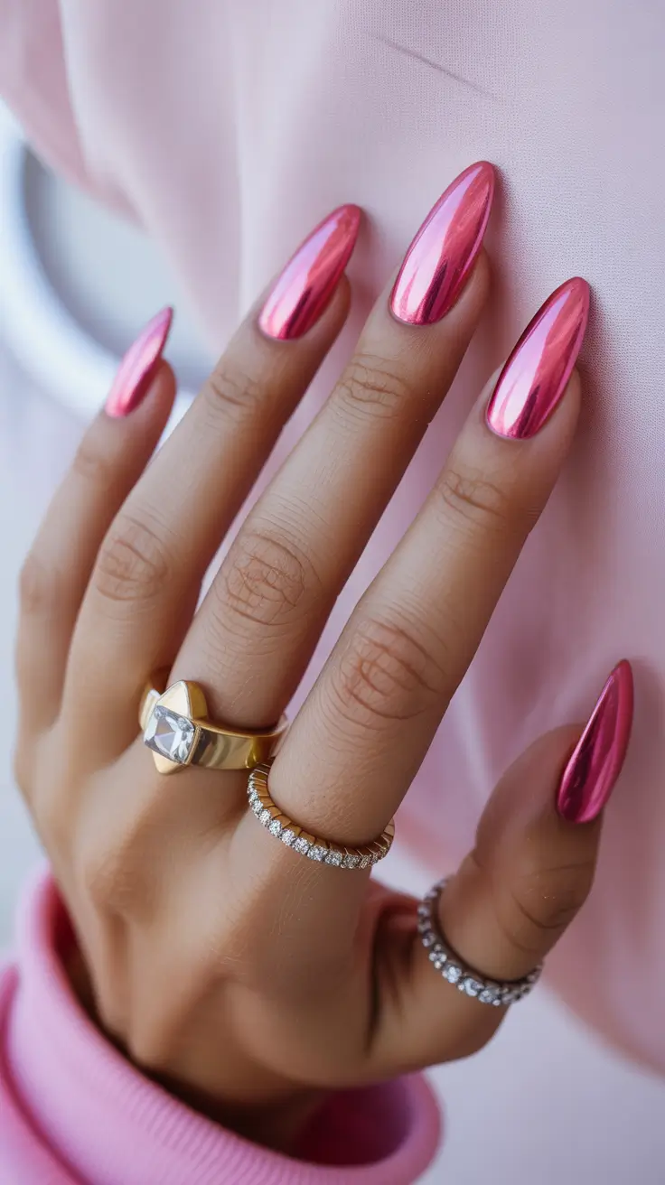 stylish gel nails 2026 Rosy Chrome Almonds for Bright Summer Confidence