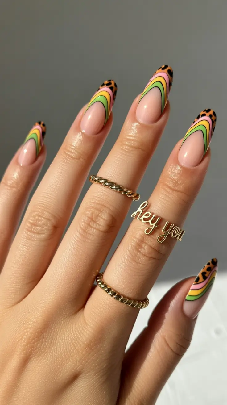 stylish gel nails 2026 Retro Rainbow Arches With Leopard Accents