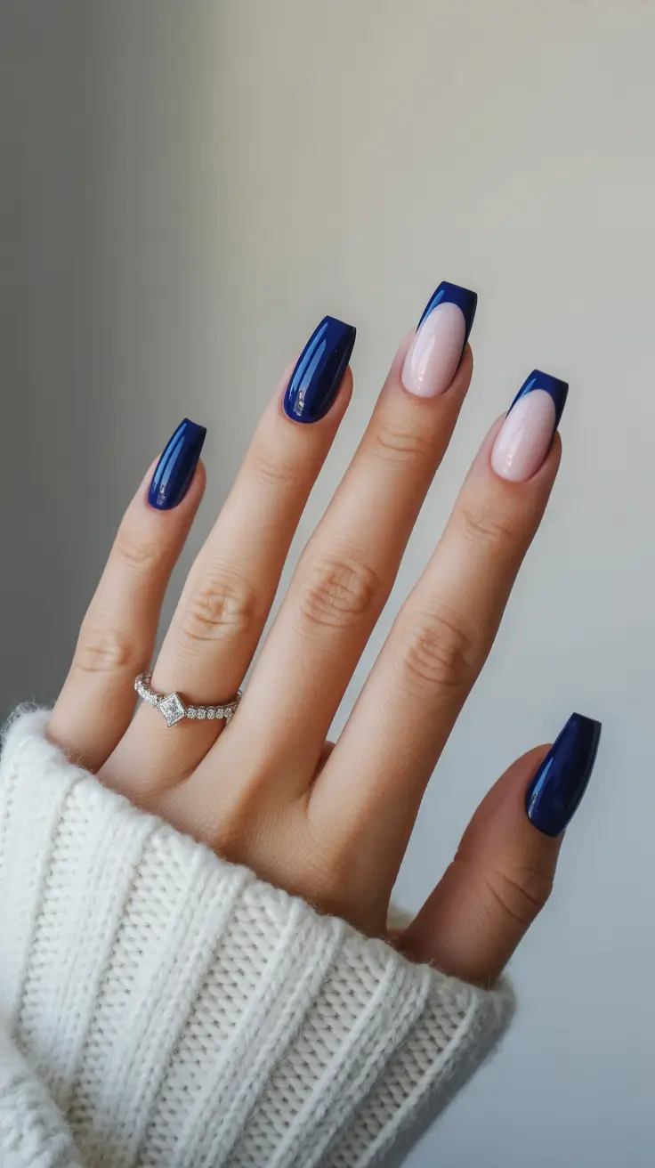 stylish gel nails 2026 Midnight French Tips With Soft Nude Balance