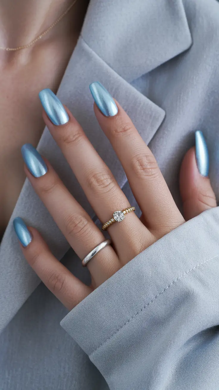 stylish gel nails 2026 Icy Sky-Blue Chrome for Cool, Clean Summer Style
