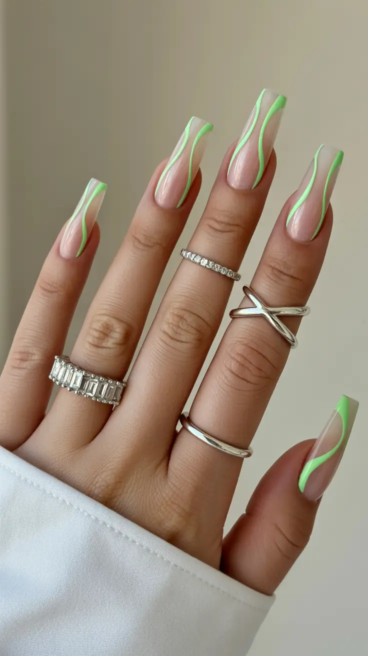 stylish gel nails 2026 Lime Ribbon Lines for Slim, Fresh Elegance