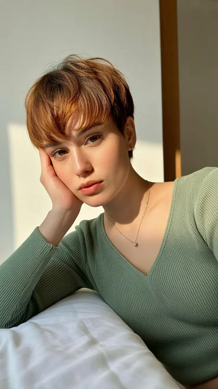 Stylish pixie hairstyles 2026 Warm Copper Pixie With Rounded Soft Fringe