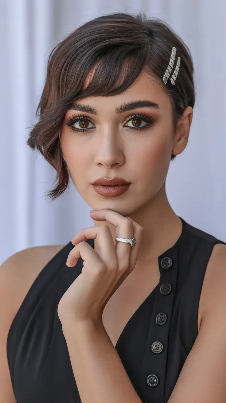 Stylish pixie hairstyles 2026 Sleek Side-Part Pixie With Soft Pinned Detail