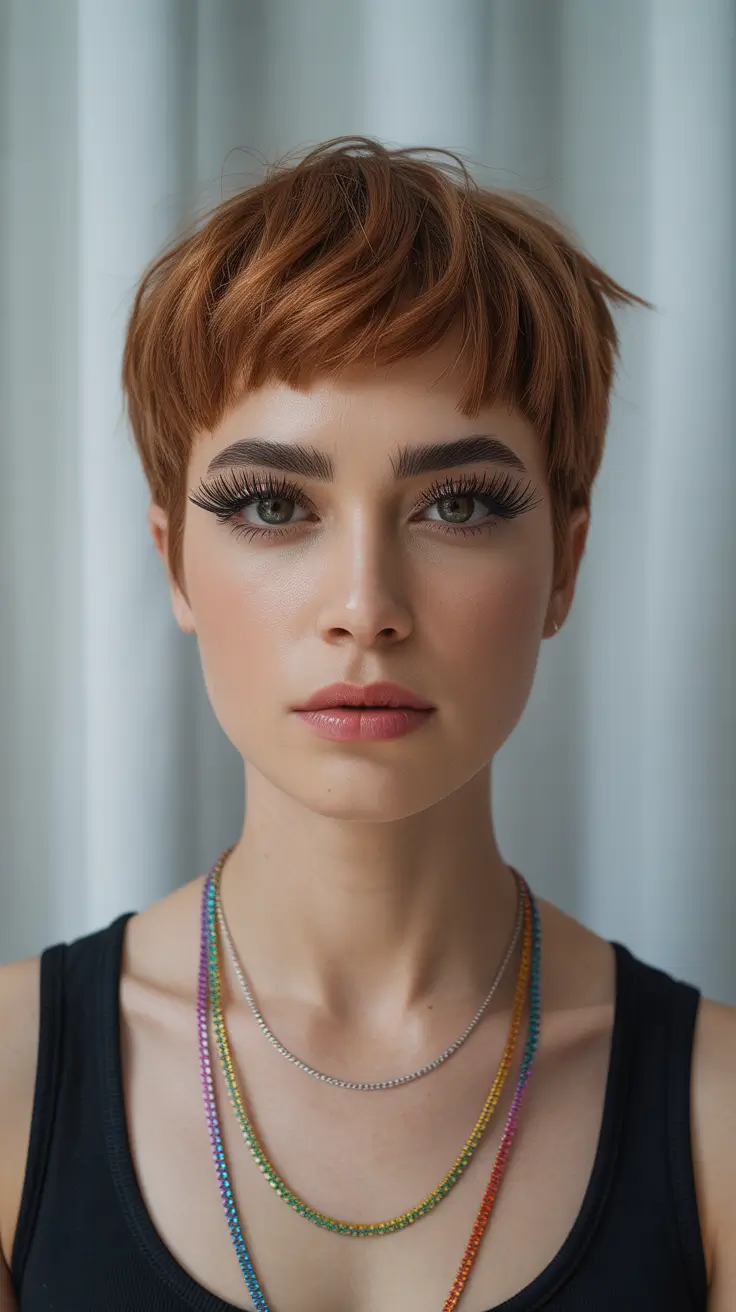 Stylish pixie hairstyles 2026 Warm Auburn Pixie With Soft Baby Bangs