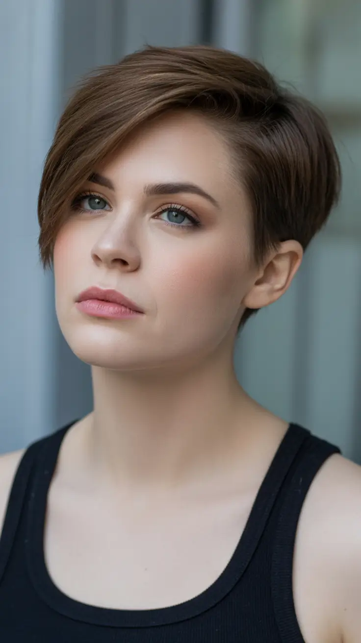 Stylish pixie hairstyles 2026 Side-Swept Brunette Pixie With Sleek Length