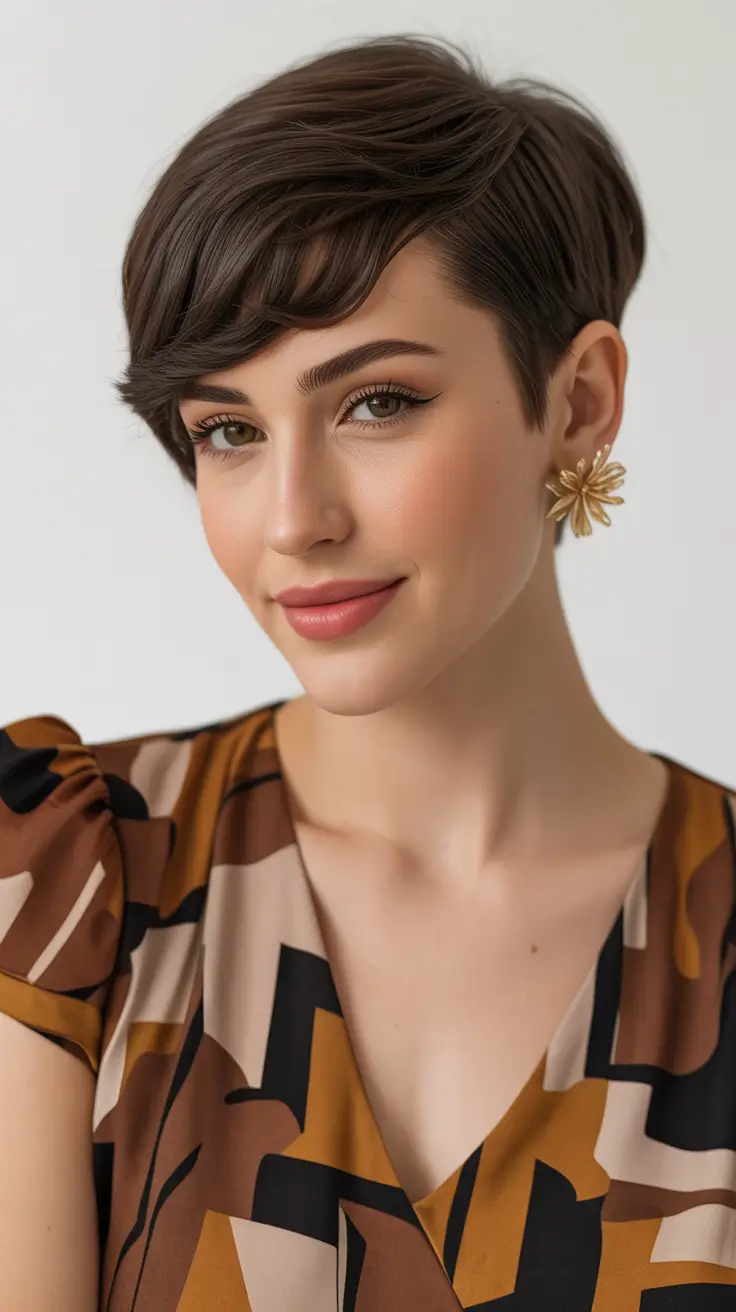 Stylish pixie hairstyles 2026 Polished Brunette Pixie With Soft Bangs