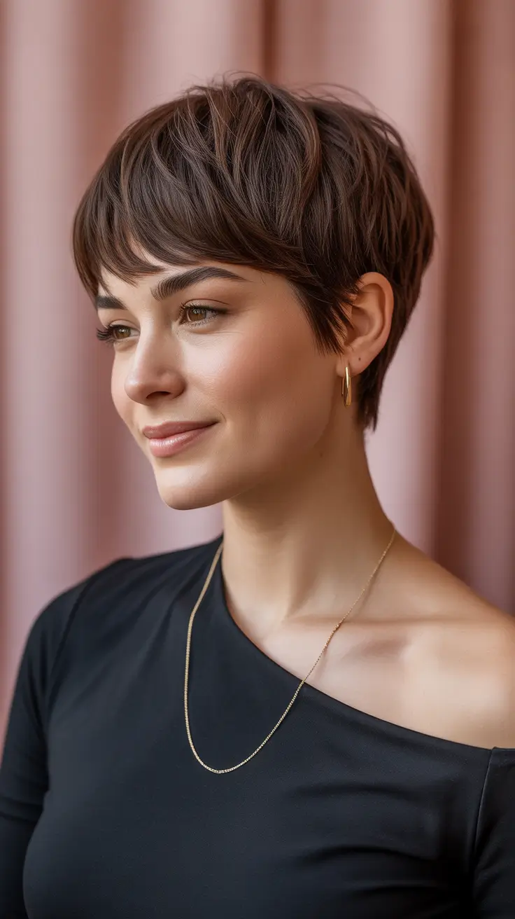 Stylish pixie hairstyles 2026 Layered Brunette Pixie With Wispy Details